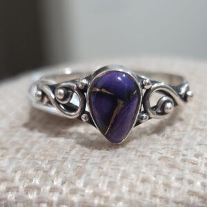 Elegant Silver and Purple Dahlia Turquoise Teardrop Ring